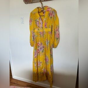 Zimmermann Yellow Linen Floral Maxi Dress with Pink Blooms